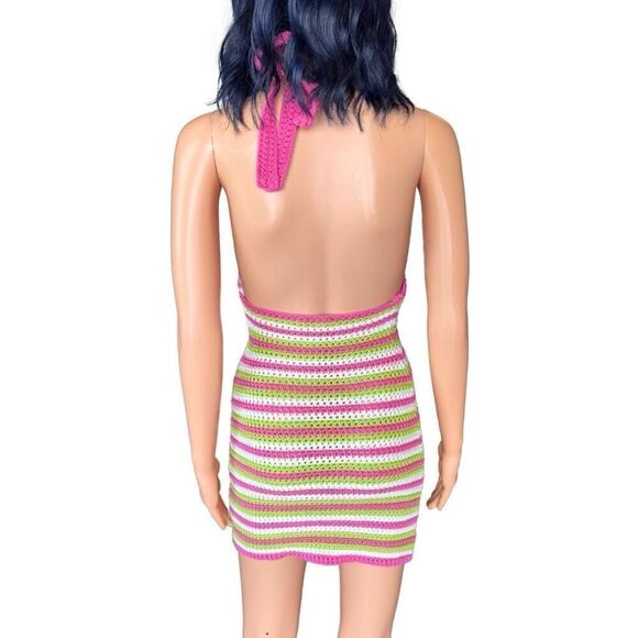 Double Zero Pink Colorful Crochet Halter Mini Dress Size Small Medium Festival - Picture 5 of 6